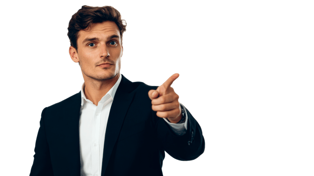 Serious businessman points his finger, posing, cut out transparent png