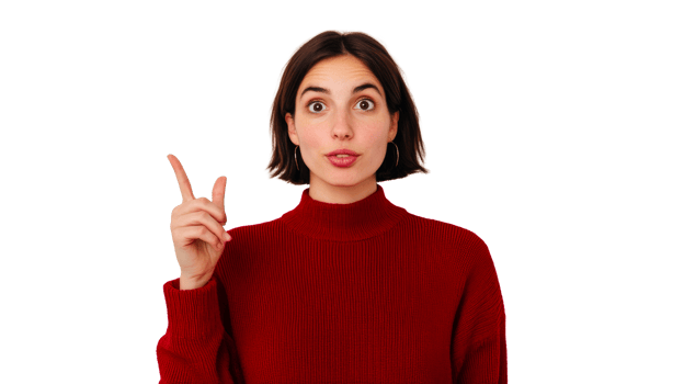 Woman looking surprised, pointing up with her finger, cut out transparent png