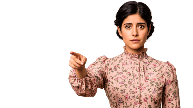 Woman pointing finger with floral dress, isolated, cut out transparent png