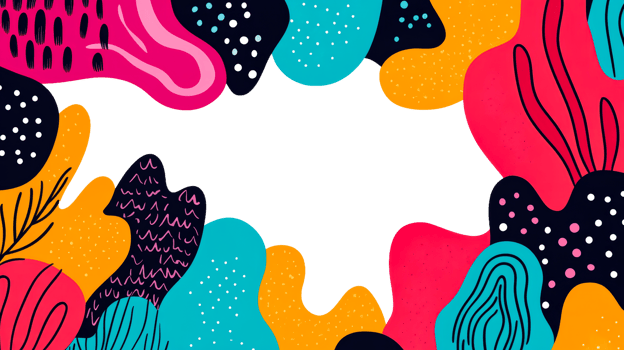 Vibrant abstract shapes on dark background frame, cut out transparent png