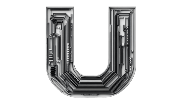 Letter U, tech circuits, industrial design illustration, cut out transparent png