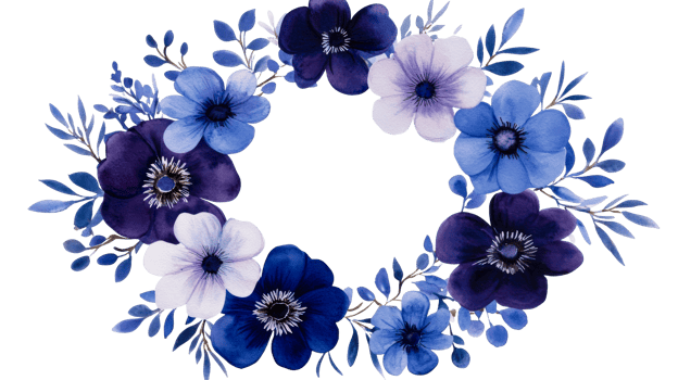 Watercolor Floral Wreath with Blue Flowers on Black, cut out transparent png