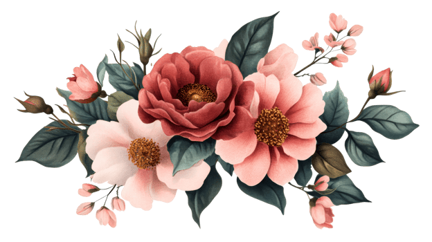 Vintage floral arrangement featuring red and pink flowers, cut out transparent png