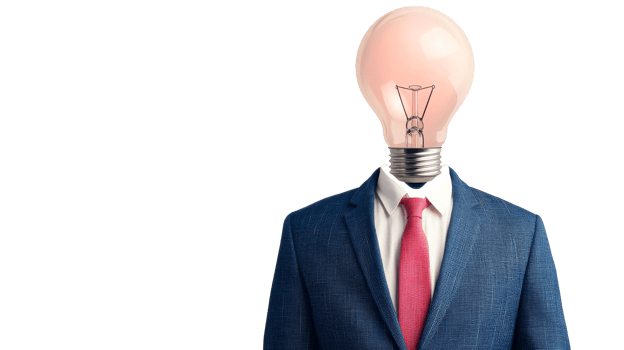 Businessman with lightbulb head isolated on black, cut out transparent png