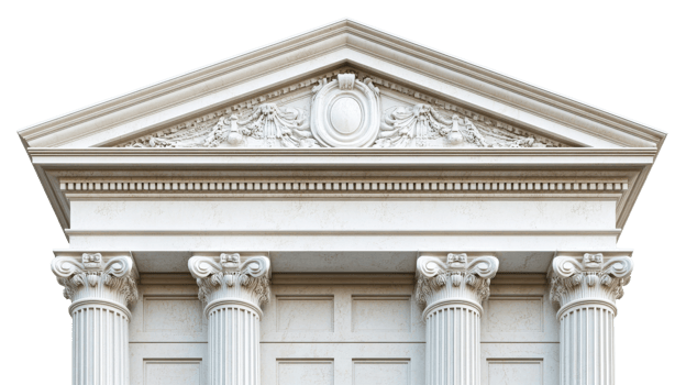 Ancient architecture facade with pillars and decoration, cut out transparent png