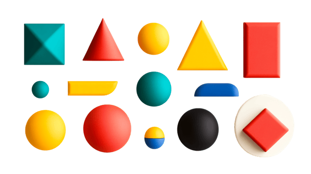 Colorful geometric shapes, 3D figures, arranged on black, cut out transparent png