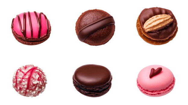 Assorted macarons on a black background, cut out transparent png