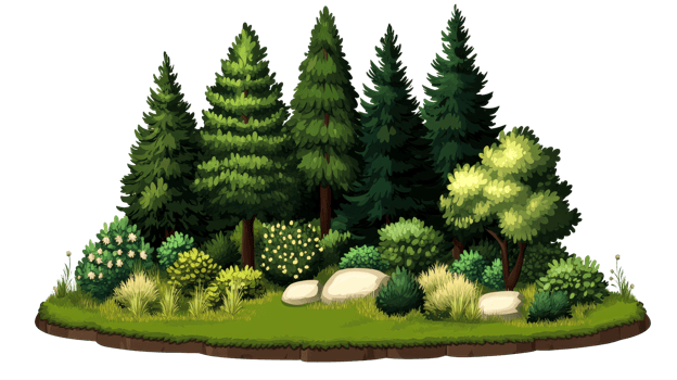 Forest vegetation with trees, shrubs, grass and rocks, cut out transparent png