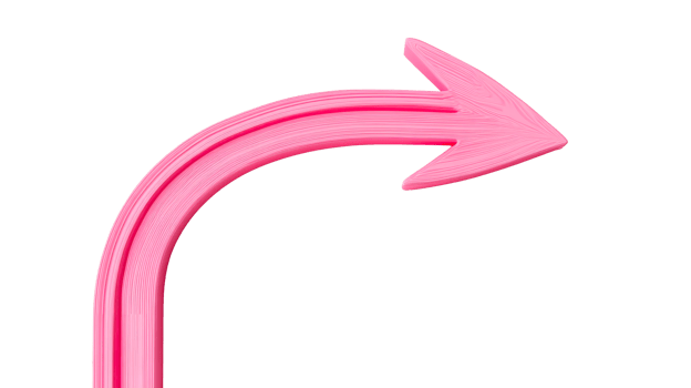 Curved pink arrow pointing right on a black background, cut out transparent png