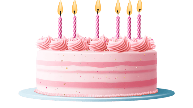 Pink layered cake with candles isolated on transparent background, cut out transparent png