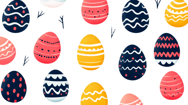 Easter eggs pattern with colorful designs on black background, cut out transparent png