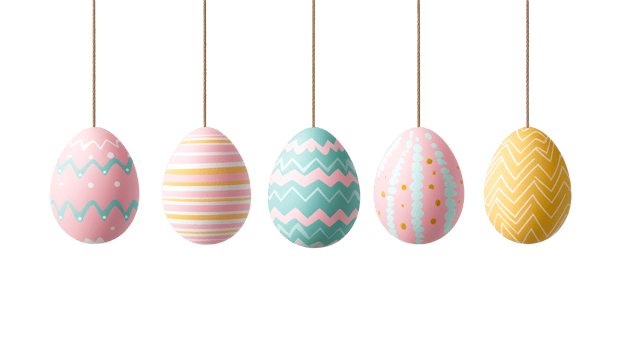 Easter eggs, painted eggs, hanging eggs, decorations, holiday, cut out transparent png