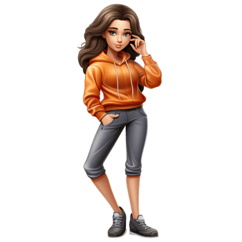 A cartoon girl in an orange sweatshirt and gray pants png