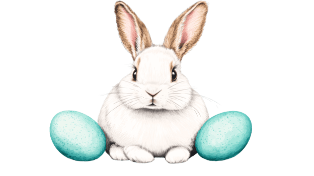 Easter bunny with eggs, white fur, sitting pose, easter celebration, cut out transparent png