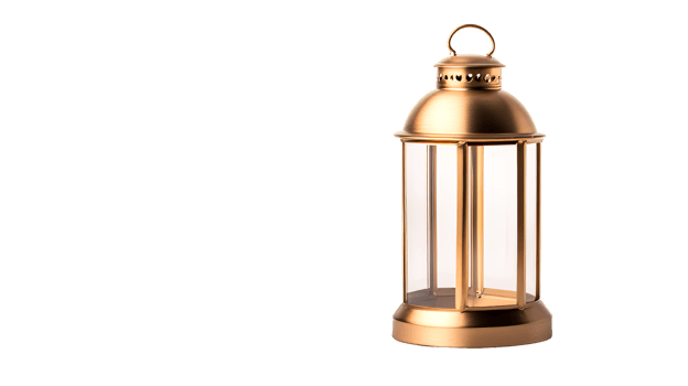 Gold lantern with clear glass on black background, cut out transparent png