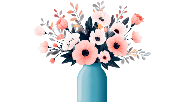 Floral arrangement with poppy flowers in vase, cut out transparent png