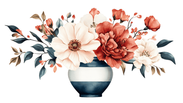 Floral bouquet with white and red flowers in vase, cut out transparent png