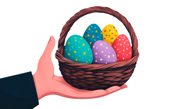 Hand holding Easter basket filled colorful eggs, cut out transparent png