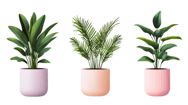 Potted house plants on black background, cut out transparent png
