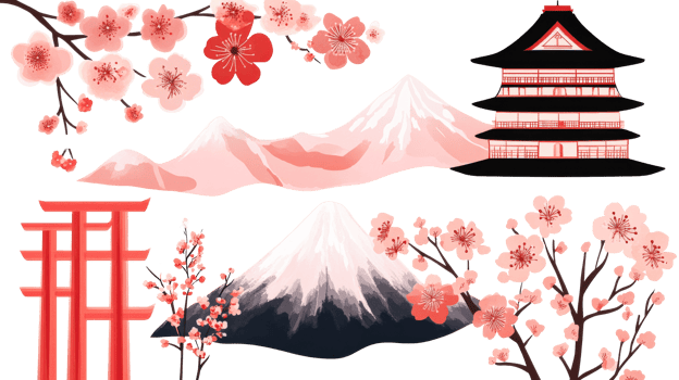 Japanese themed illustration with pagoda and mountains, cut out transparent png