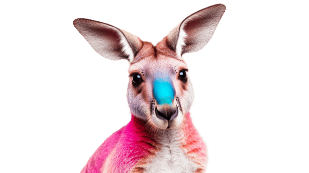 Kangaroo with colorful face, portrait of animal on black background, cut out transparent png