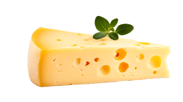 Triangle piece Swiss cheese, holes, basil branch, isolated, delicious, cut out transparent png