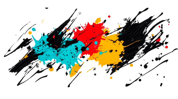 Abstract colorful splashes of paint on black background, cut out transparent png