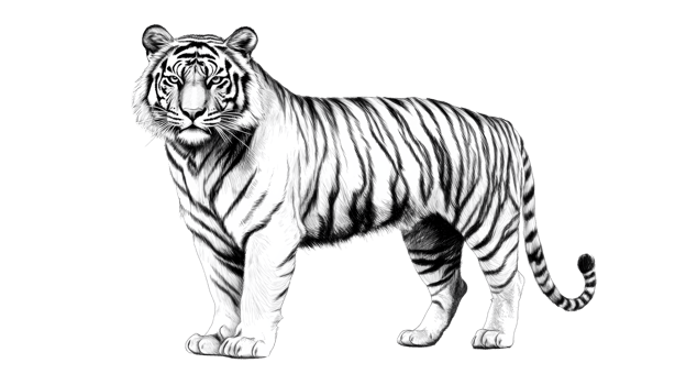 Tiger full length portrait, detailed illustration, wildcat stripes, cut out transparent png