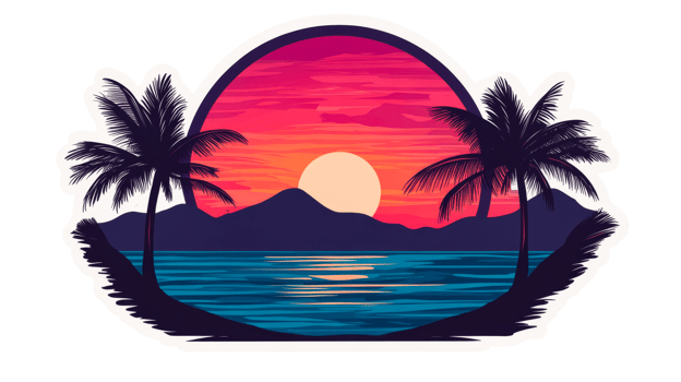 Tropical island sunset scenery, palm trees silhouette view, cut out transparent png