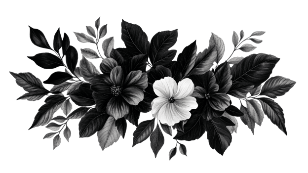 Elegant monochrome floral arrangement with leaves and flowers, cut out transparent png