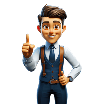 A cartoon man in a suit and tie pointing up png