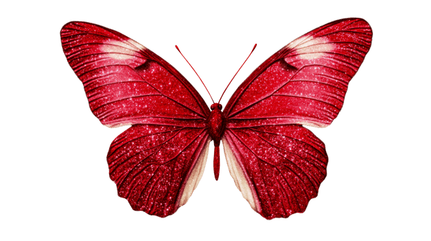 Red sparkling butterfly with open wings on black background, cut out transparent png