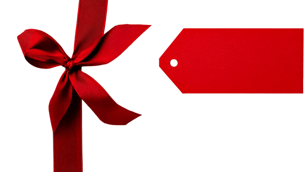 Red ribbon and tag on a gift, present decoration, cut out transparent png