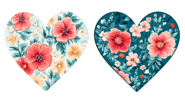 Floral hearts with coral flowers and teal background, cut out transparent png