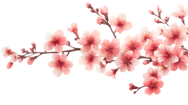 Peach blossom twig, floral illustration, blooming branch, delicate petals, cut out transparent png