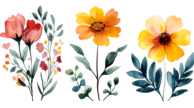 Watercolor floral bouquet elements, blooming flowers, bright, cut out transparent png