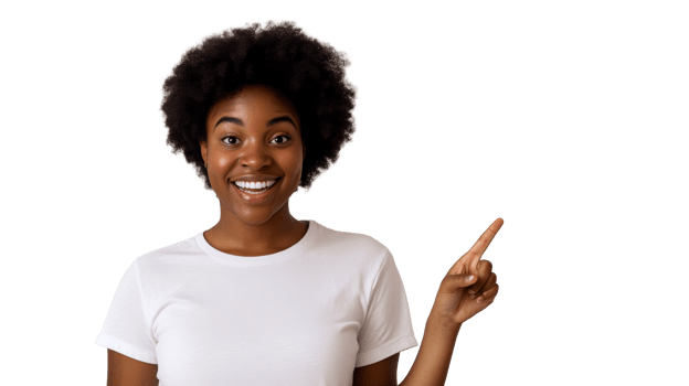 Happy African-American woman pointing finger to side, cut out transparent png