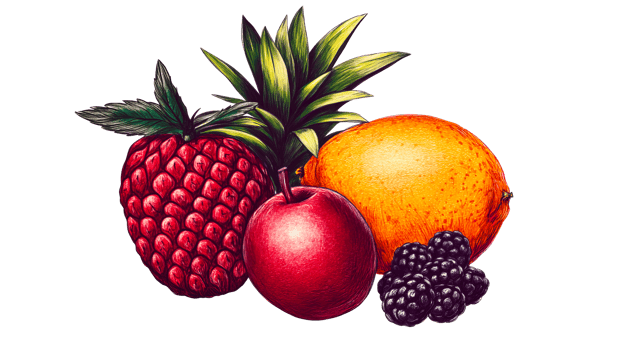 Fruit composition with pineapple, apple, orange, blackberries, cut out transparent png