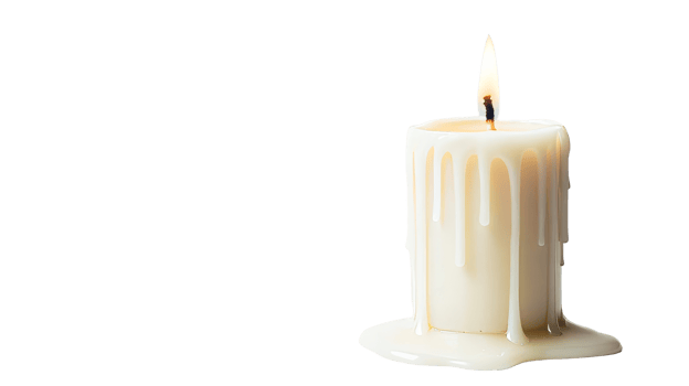Burning candle with wax dripping and melting, cut out transparent png