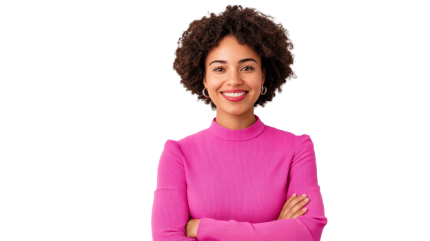 Smiling African-American woman with crossed arms in pink top, cut out transparent png
