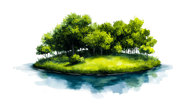 Island with green trees on water, scenic watercolor nature, cut out transparent png
