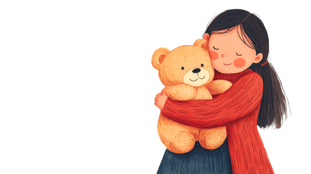 Girl hugging teddy bear in warm sweater, friendship moment, cut out transparent png