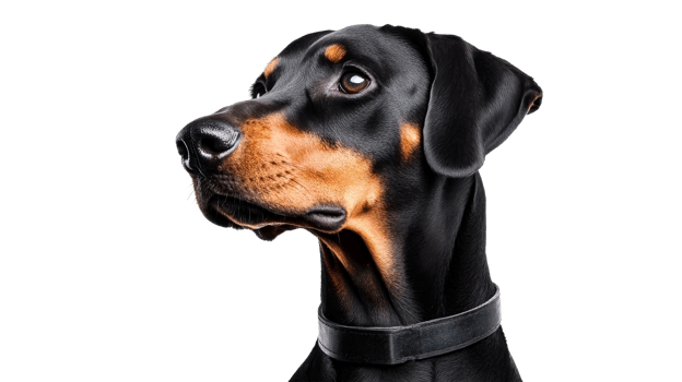 Regal doberman portrait with black and tan markings, cut out transparent png