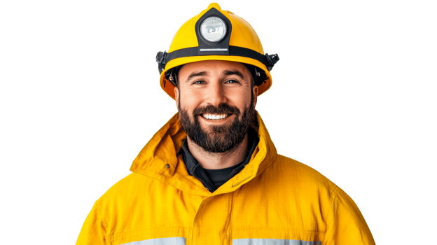Man in yellow helmet, workwear smiles, confident look, cut out transparent png