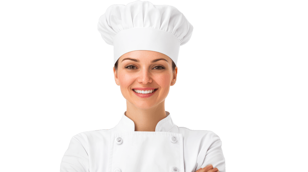 Smiling female chef in uniform and toque, studio shot, cut out transparent png