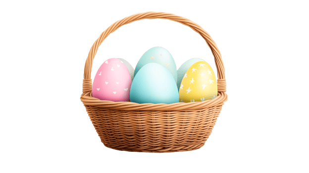 Basket with colorful decorated Easter eggs, cut out transparent png