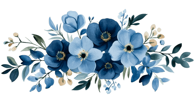 Floral arrangement with blue flowers and leaves, cut out transparent png