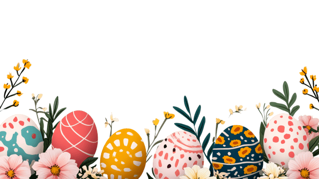 Easter decoration with colorful eggs and flowers, cut out transparent png
