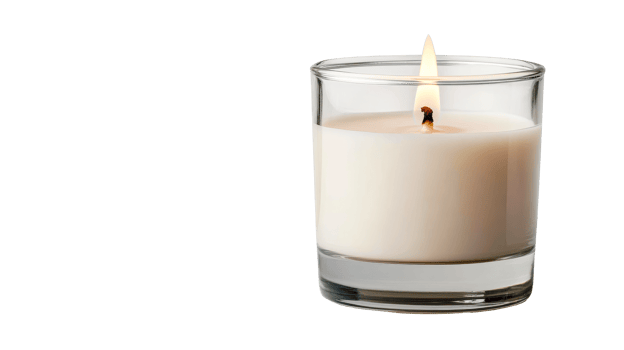 Illuminated candle in glass container, cut out transparent png