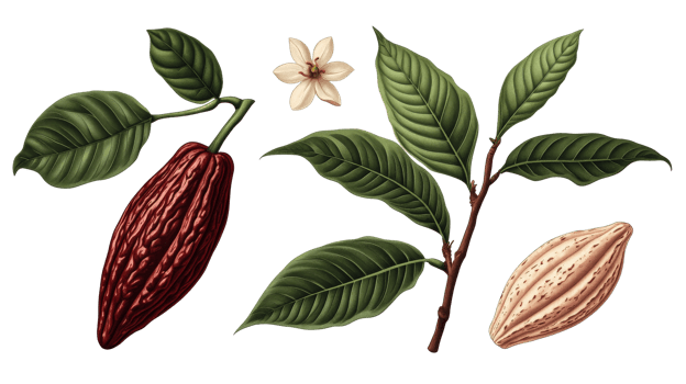 Cacao plant branch, leaves and fruits illustration, detailed botanical drawing, cut out transparent png